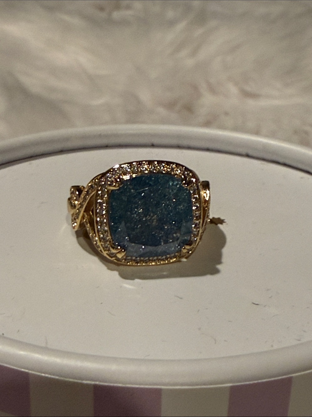 BOMB PARTY- Gold Ring with Teal Cushion Gemstone and Pavé Halo